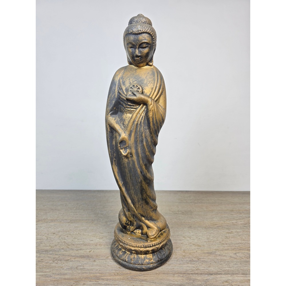 Vintage 16" Hollow-Cast Metal Standing Buddha Statue - Wheel of Dharma